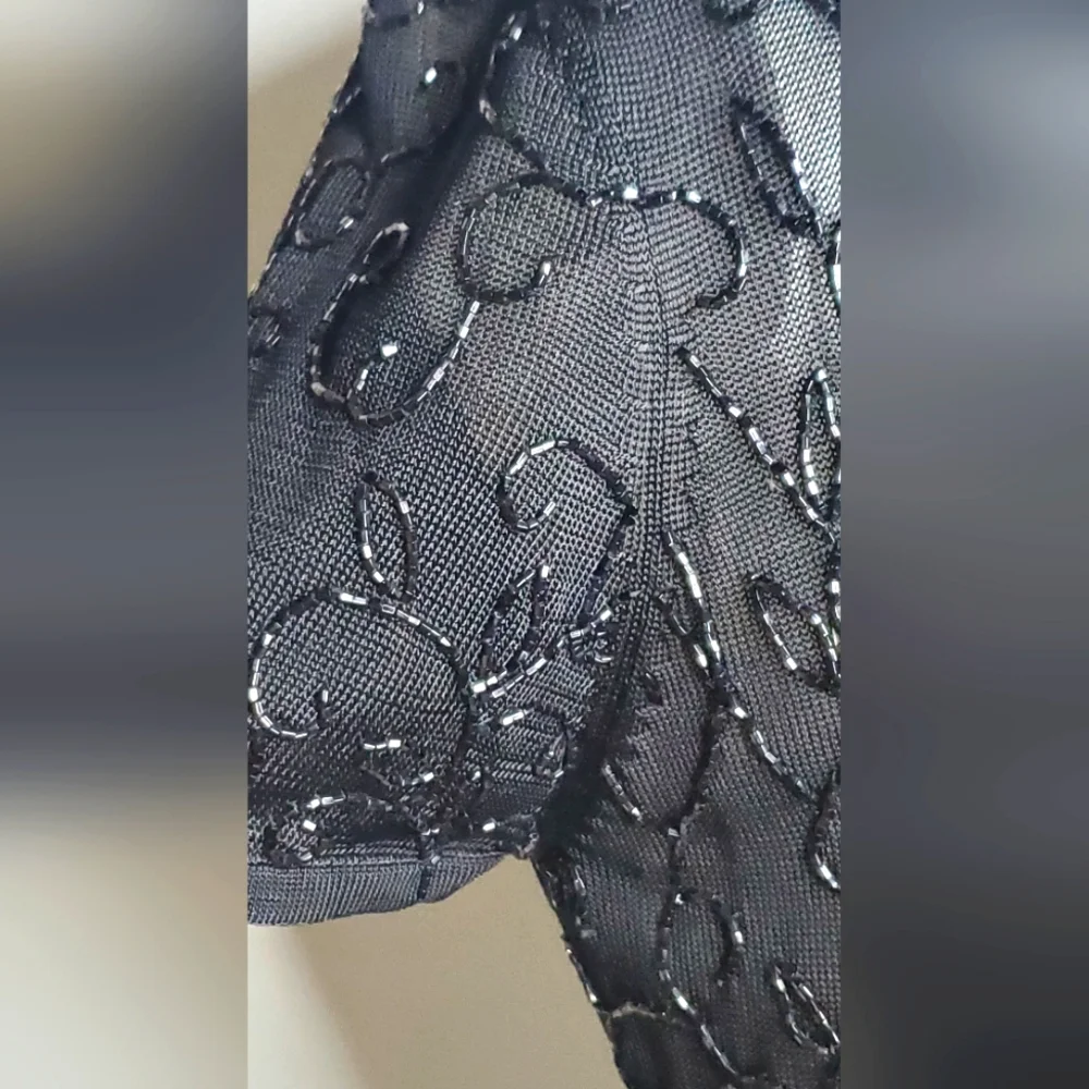 Oscar de la Renta Black Embellished Short Sleeve Top - Knit  Beaded - Picture 6 of 10